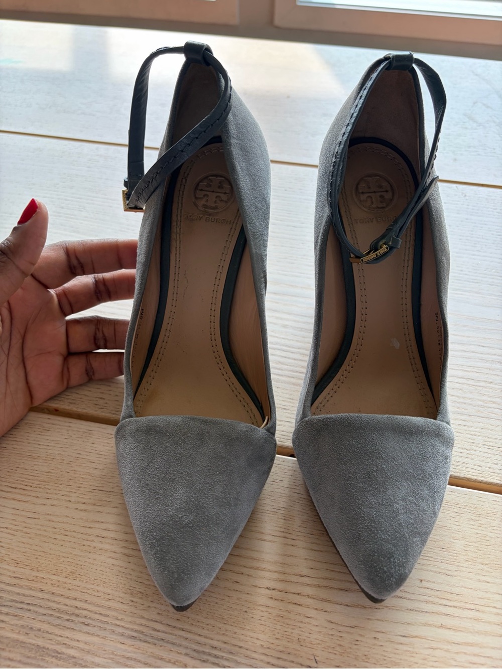 Tory Burch Gray Suede Pointed Toe Ankle-Strap Pumps